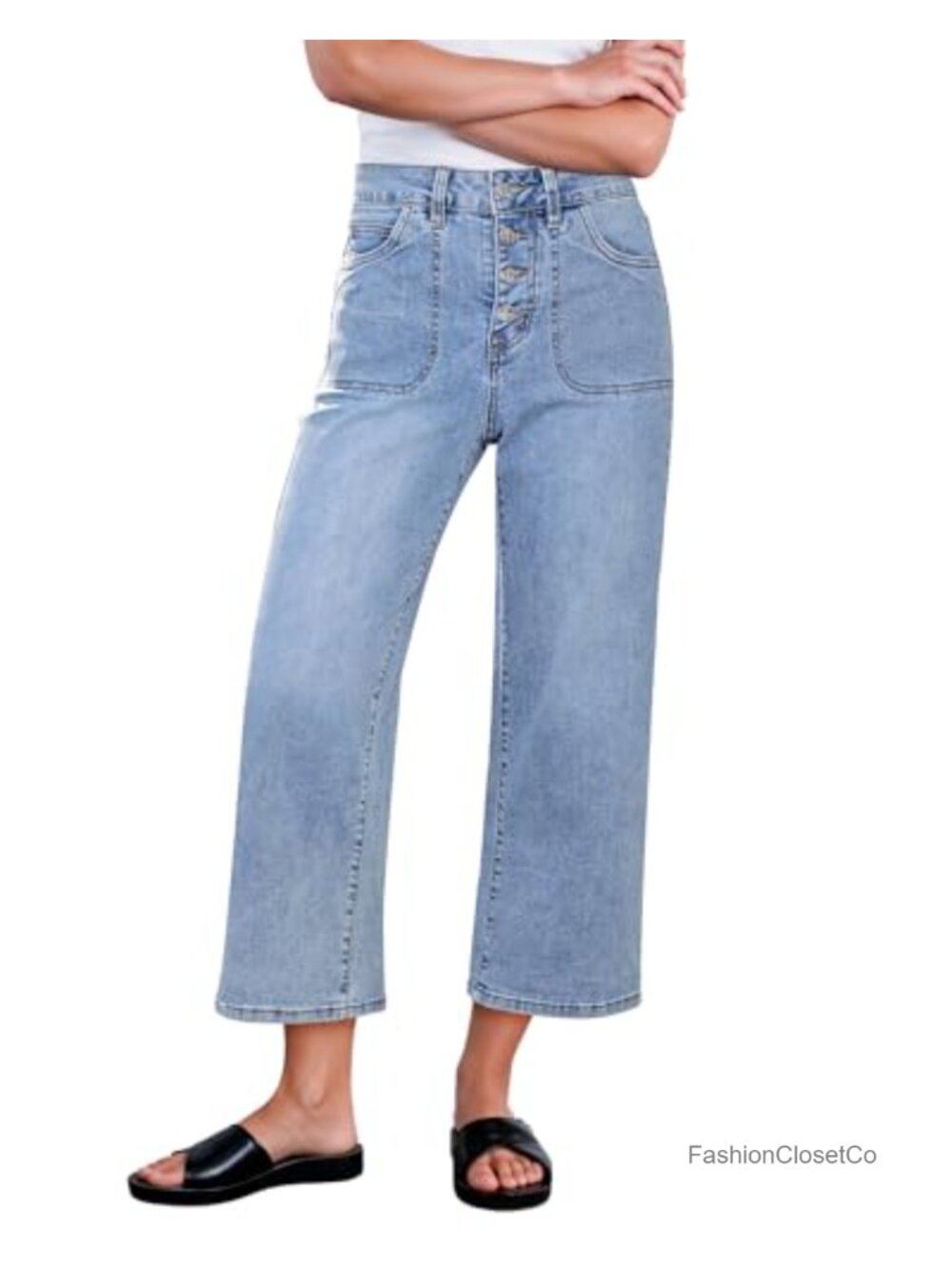 Wide Leg Cropped Jeans Women High Waisted Button Fly Stretchy Denim Trouser